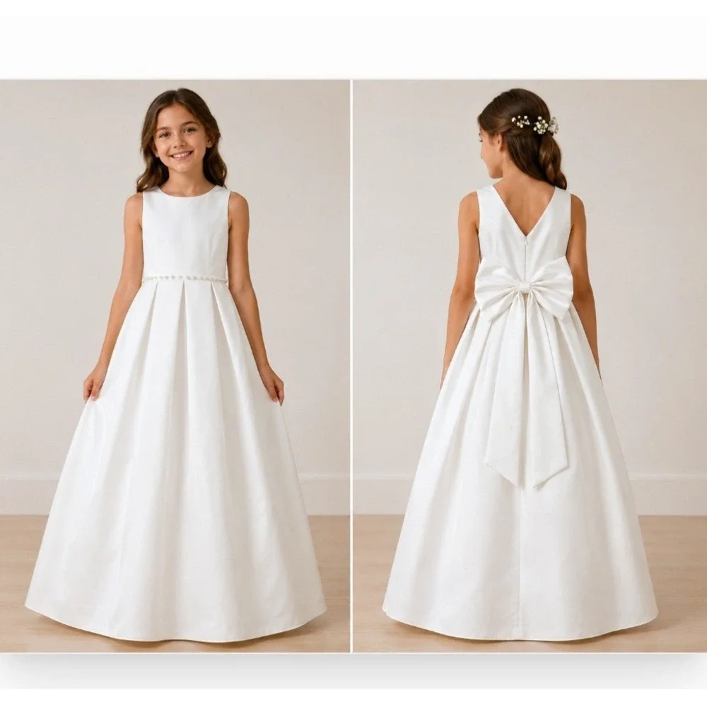 White Satin Flower Girl Dress Pearl Waist Back Bow Size 10 NEW
